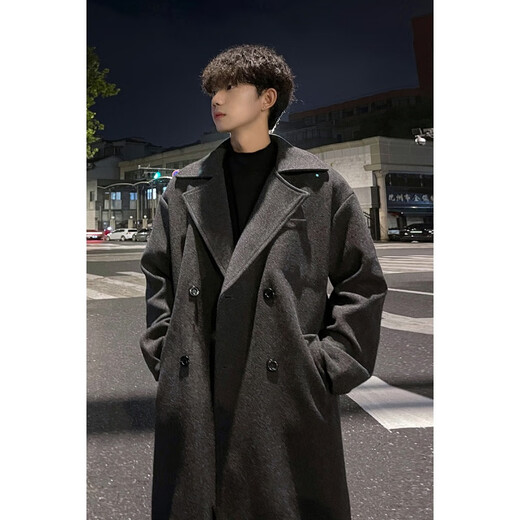 NEW OR MODE Korean style British mid-length woolen coat men's autumn and winter new handsome windbreaker jacket trendy brand high-end top dark gray XL