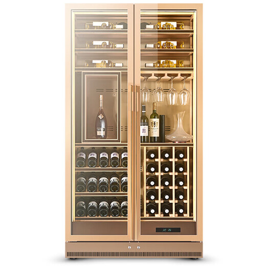 Qielong 808W red wine cabinet double-door constant temperature moisturizing ultra-thin embedded air-cooled frost-free compressor wine cabinet office home liquor and wine refrigerated display 808W rose gold + beech shelf + stainless steel cabinet