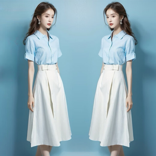 Majiaomei dress women's suit 2025 summer new fashionable age-reducing small person wearing casual shirt skirt for women top + skirt (without belt) M