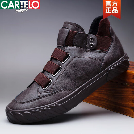 卡帝乐鳄鱼（CARTELO）男鞋秋季新款高帮鞋男潮鞋休闲鞋男板鞋一脚蹬潮流百搭懒人皮鞋男 SS-9857全黑色 38