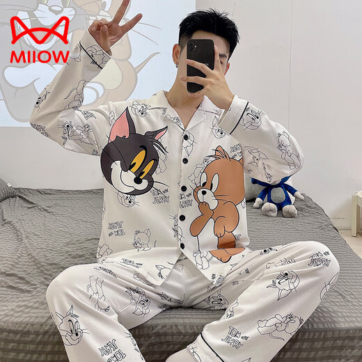 Cat Man (MiiOW) Pure Cotton Men's Pajamas Spring and Autumn Teen Cartoon Student Cardigan Large Size Men's Long Sleeve Trousers Home Clothing 9922 (Cardigan Long Sleeve) M
