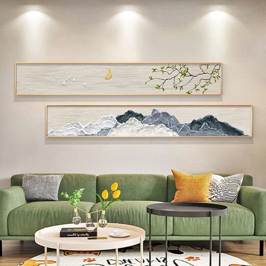 鲸派客厅装饰画长条挂画肌理侘寂奶油风高级感卧室床头沙发背景墙壁画 846-4 20*120黑框/晶钻画