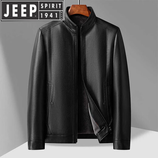 JEEP SPIRIT dad winter leather jacket middle-aged men's stand-up collar plus velvet leather jacket middle-aged and elderly casual thickened warm coat top brown fur collar 180 weight 130-150 Jin Jin is equal to 0.5 kg