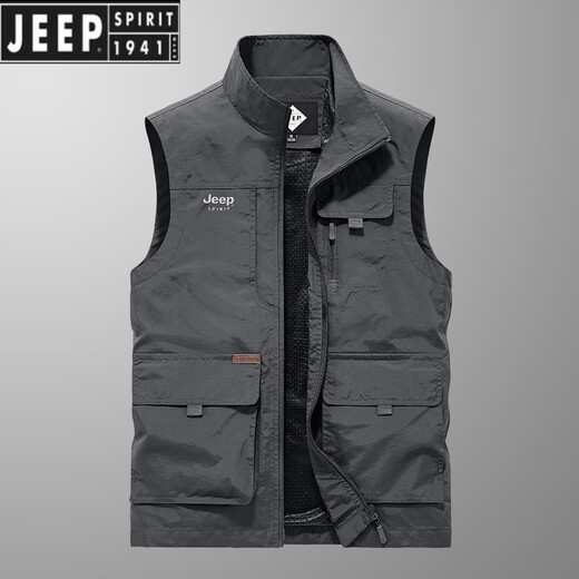 JEEP SPIRIT吉普马甲男春夏新款中年宽松大码户外速干透气多口袋定制钓鱼外套 卡其色 XL