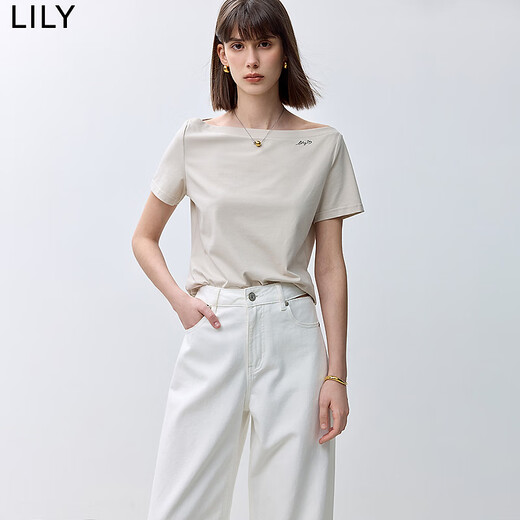 LILY summer new fashion basic one-line collar urban commuting casual versatile T-shirt fit solid color short sleeves 702 light rice cafe M