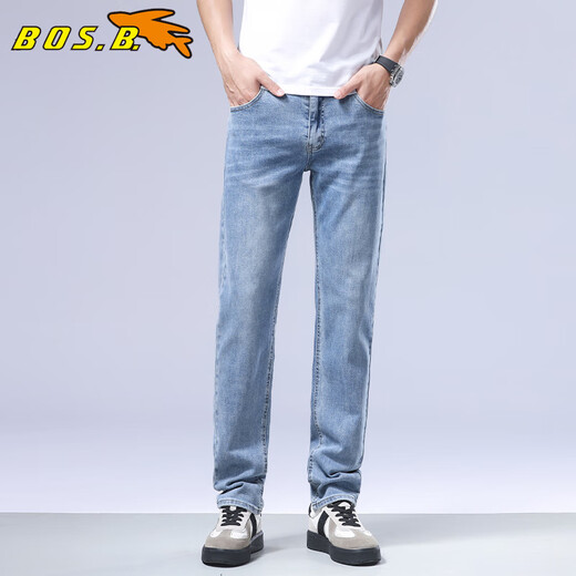 博世堡（BOS.B）牛仔裤男2024秋季新款中腰合体直筒宽松潮流休闲弹力男士长裤子 浅蓝色（15901） 36（建议170-180斤）