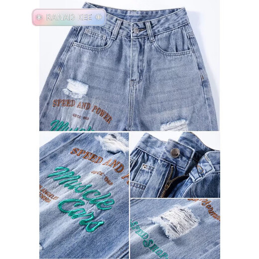 Ranad Kee zerrissen gestickte Weitbeinjeans für Frauen im Herbst New High-Taisten lose schlampige Hose für Frauen für Frauen Sy9918 Blue M.