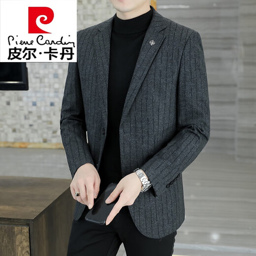 Pierre Cardin small blazer men's business casual tops high-end brand woolen striped suit commuting drape single suit black dark pattern 6001-1 2XL 185 recommended 150-165Jin Jin equals 0.5 kg