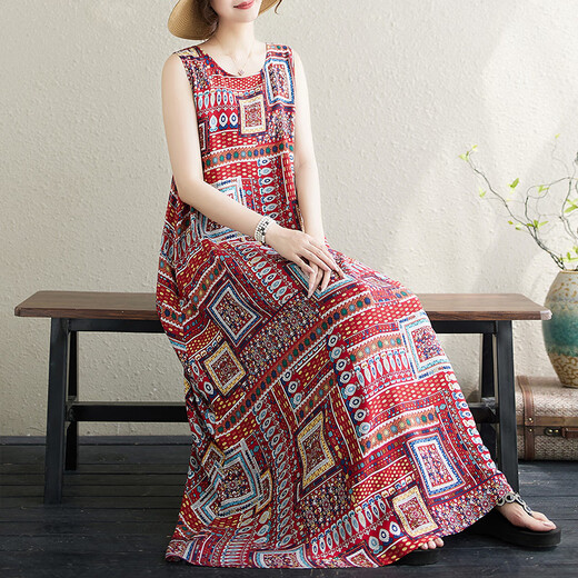 JIANDANG (JIANDANG) large size women's summer round neck thin silk loose vacation style big skirt hem beach sleeveless vest dress 9908 red one size [180Jin [Jin equals 0.5 kg] below]