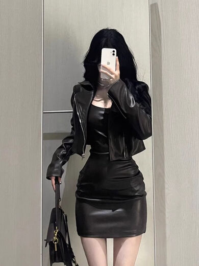 GUOCILRN套装女2025春秋新款辣妹短款皮衣外套夹克吊带连衣裙显瘦包臀裙潮 单件黑色外套 S [80-95斤]