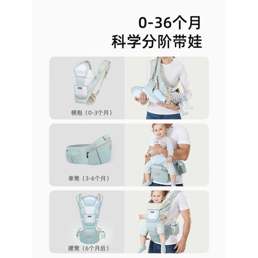 布兜妈妈婴儿背带腰凳前抱式抱娃神器多功能四季通用坐凳纯棉透气宝宝背带 冰星绿(纯棉收纳透气款)