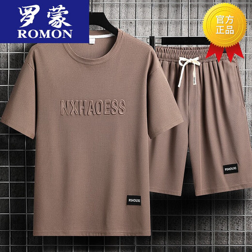 ROMON high-end casual sports suit men's summer fashion brand ice silk T-shirt thin shorts large size short-sleeved handsome matching two suit-TZ829 khaki top + pants M recommended 90-110Jin Jin equals 0.5 kg