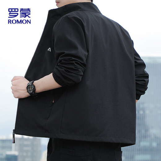 罗蒙（ROMON）夹克男潮流春季商务行政立领宽松休闲防风外套男装JK83 黑色 XL