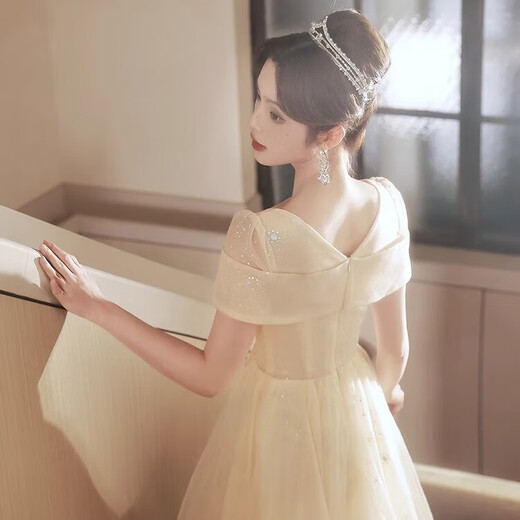 Li Baixin champagne color art exam evening dress new small birthday party temperament light luxury niche high-end host skirt champagne color long L recommended 100-110Jin Jin equals 0.5 kg