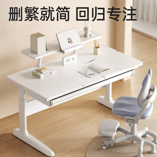 Totguard Kinderstudiestisch und Stuhl Set Student Solid Wood Desk P1 Großer weißer Tabelle 120 cm + niedrige Bücherregal + CG23F Blau