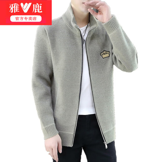 雅鹿开衫毛衣男秋冬季新款针织衫男士毛线衣休闲外套男衣服打底衫男装 2098浅灰色 XL 175【135-150斤】