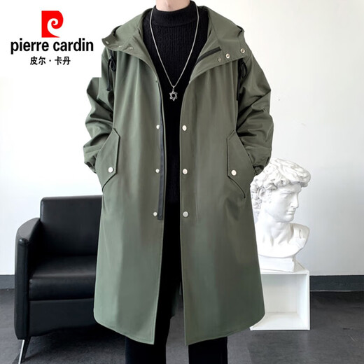 Pierre Cardin windbreaker men's spring and autumn mid-length storm hooded loose versatile trendy jacket vintage pilot coat black 2XL 160-180Jin Jin equals 0.5 kg