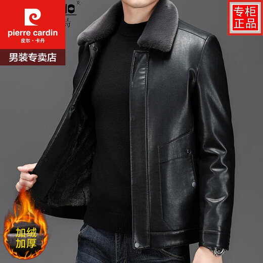 皮尔卡丹（pierre cardin）男士皮夹克加绒加厚皮衣秋冬季外套真皮毛领内胆可拆卸 A22黑色 XL/135-150斤