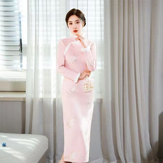 NUKM加绒加厚旗袍2025年新款秋冬季年轻款改良复古长袖长款女粉色保暖 719浅蓝 L 建议100-110斤