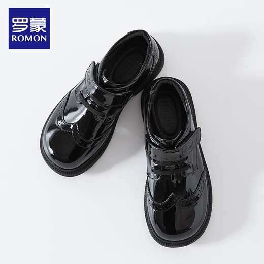 Romon boys' leather shoes black soft sole British style student performance shoes children's performance big children's suit shoes black 33