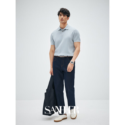 
SANHEER [Estoric Gentleman] 120S long velvet cotton breathable hole-pulling process Summer lapel short-sleeved T-shirt DAT983 Sunny Blue L /50
