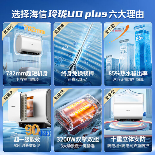 Hisense 3200W frequency conversion speed heat exchange-free magnesium rod 315 ultra-thin body 60-liter household flat barrel electric water heater patent 8-character ES60-S6210 National subsidy 20% for exchange for new