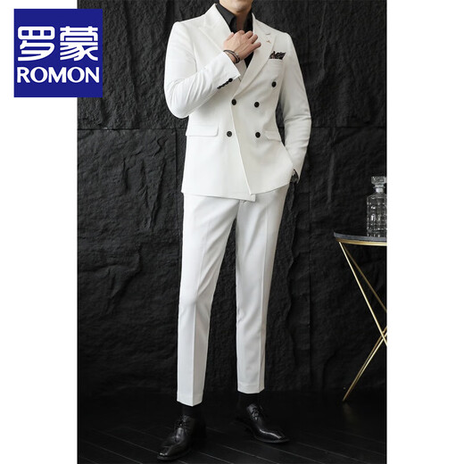 ROMON white double-breasted small suit men's suit Korean version slim casual high-end suit jacket groom wedding dress white two-piece set XL