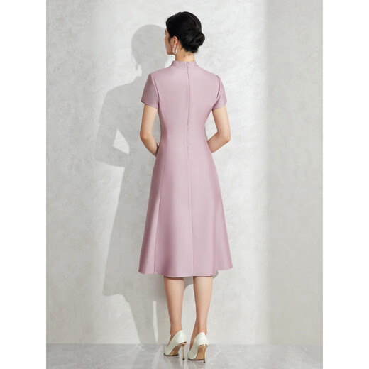 Armario azul rosa 2024 Outumn New Oriental Vestido de manga corta Vestido de cuello en V bordado pesado 5A3L866 Daifei Pink L