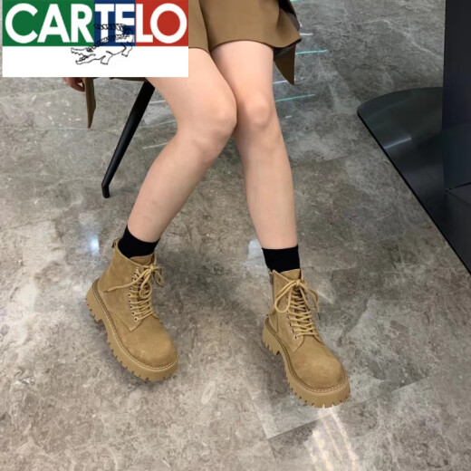 卡帝乐鳄鱼2024新款厚底磨砂皮马丁靴女英伦风沙漠短靴战狼靴潮大黄靴 黄色单里 35