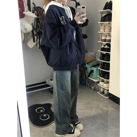 7家优品飞行员夹克男士春秋季新款美式复古高街潮牌宽松棒球服加绒外套男 TMZXF-W694黑色 3XL