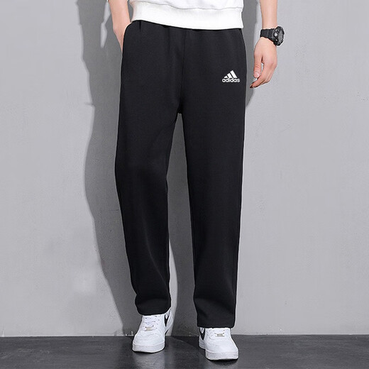 阿迪达斯 （adidas）男裤子 24新款跑步训练运动裤舒适透气防风裤针织卫裤休闲长裤 GK9222/经典黑-直筒/刺绣logo M 175/82