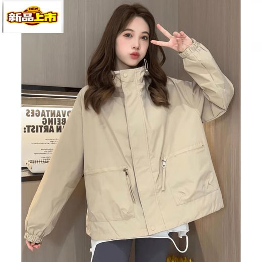 First diameter solid color zipper hooded small windbreaker for women 2026 new loose and flesh-covering casual three-dimensional cropped short coat khaki with lining M Recommended under 110