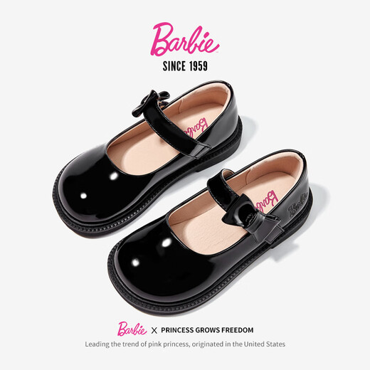 芭比儿童皮鞋单里亮面黑皮鞋女孩乐福鞋女童小皮鞋DA6057 黑色 36码