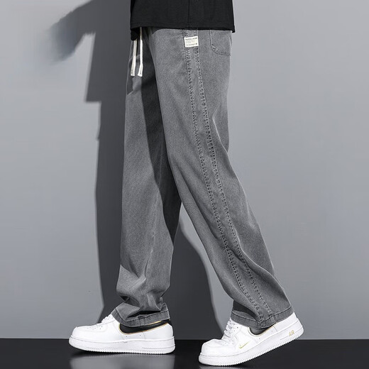 夏季薄款冰丝牛仔裤男生休闲裤宽松直筒阔腿春秋款天丝男裤 1048#灰色+黑色. M  90-115斤