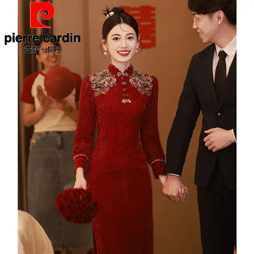 Pierre Cardin Official Burgundy Cheongsam Toast Wear Bride Wedding Chinese New Engagement Dress Back Door Dress Autumn Long Sleeve Burgundy Long Sleeve L