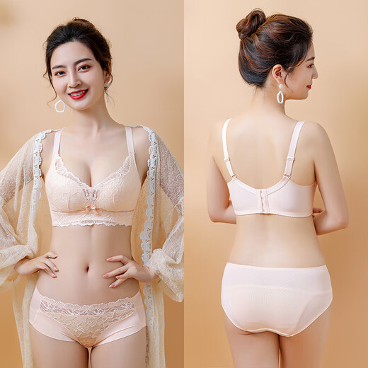 Blue Aegean Sea Wire-free Small Breasts Show Big Four-breasted Push-Up Bra Women's Upper Breast Holding Bra Anti-Sagging Bra Set Purple Set 75A/34A