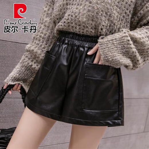 Pierre Cardin 2025 Autumn and Winter New Versatile Outerwear PU Leather Shorts for Women Fat mm Elastic Waist 200 Jin Jin equals 0.5 kg Loose and slimming wide legs 6689 black L Recommended 90-110 Jin Jin equals 0.5 kg