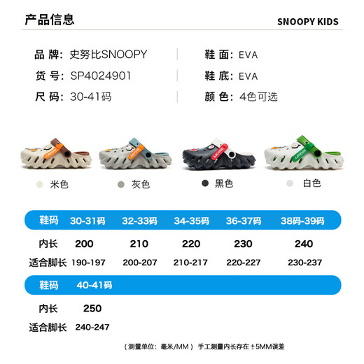 SNOOPY史努比童鞋男童拖鞋夏季时尚Q萌卡通洞洞鞋包头沙滩鞋4901灰色36