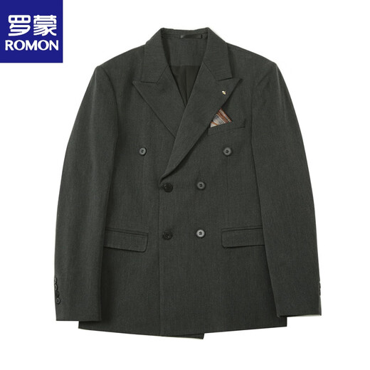 罗蒙（ROMON）高档正品戗驳领双排扣西服套装男新郎开会礼服胖子蓝色小西装 深灰三件套(西服+西裤+马甲+衬衫 L