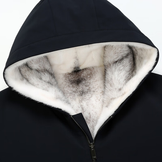 Carniti importiertes Cross Mink Inner Liner Herren-Kapuzenparka-Mantel echtes Lederfell integrierter Nerz mit mittlerer Länge Windbrecher Black + Cross Mink + Mink Sleeve 5xl