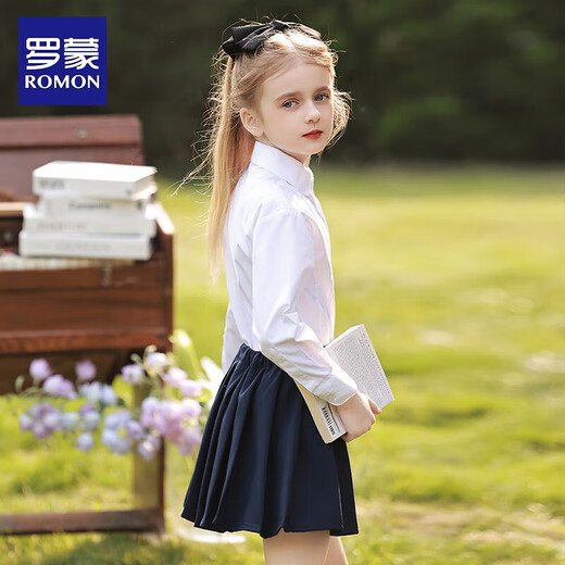 罗蒙女童衬衫长袖白色打底衬衣小学生幼儿园毕业校园服饰演出 蕾丝150
