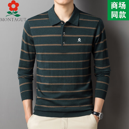 
MONTAGUT men's wool long-sleeved T-shirt men's striped sweater autumn middle-aged daddy's lapel polo shirt 5012-Narrow blue clip khaki M 165 suitable for 100-115Jin [Jin equals 0.5 kg]
