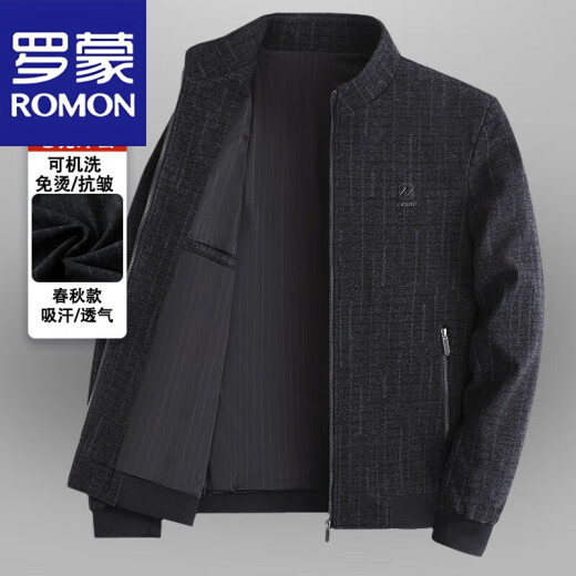 罗蒙（ROMON）中老年人爸爸春装夹克外套春秋款立领中年男士春季夹克男上衣男装 N9893黑灰 春秋款 2XL 【建议体重145-160斤】
