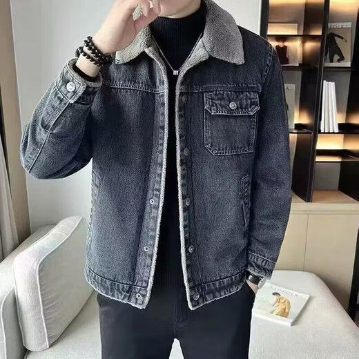Changden winter velvet denim jacket men's new trendy versatile handsome thickened warm middle-aged casual work jacket for men gray velvet 8806 XL