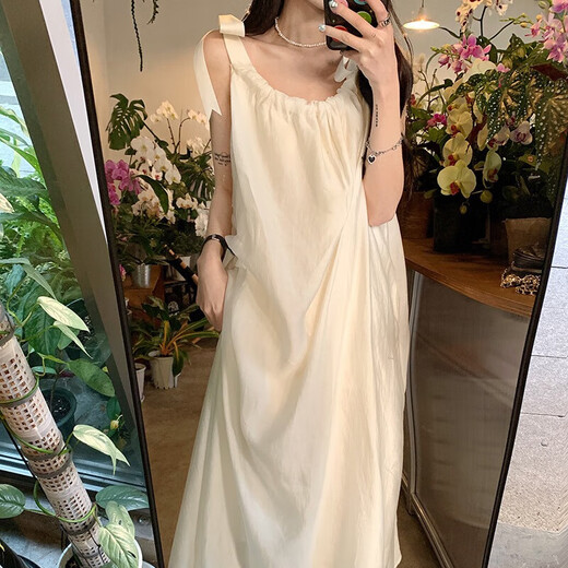 Qiaoyi Langes Kleid für Frauen, Hosenträger, Strand, Strand, sanfte und reine und fotografische Sommer-Neuerung, losen Rock, Urlaubsspanner, Kleid [Aprikosenfarbe] M (Empfohlene 100-112 Jin [Jin entspricht 0,5 kg]))