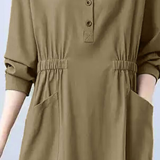 Zimu cotton and linen autumn clothing for women, literary and casual POLO collar mid-length dress with long sleeves loose slimming skirt 9859 khaki XL (recommended 125-140 Jin [Jin equals 0.5 kg])