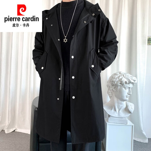 Pierre Cardin windbreaker men's spring and autumn mid-length storm hooded loose versatile trendy jacket vintage pilot coat black 2XL 160-180Jin Jin equals 0.5 kg