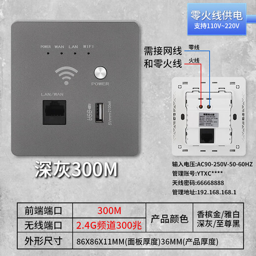Fulyi 86 wall wireless router Gigabit wireless WIFI socket hotel home wall AP smart panel AP-100M-220V business gray