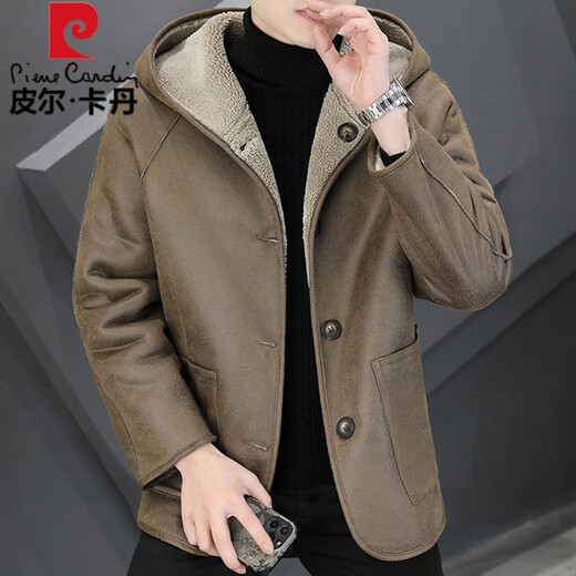 皮尔卡丹（pierre cardin）连帽皮草颗粒羊羔绒复合皮毛一体外套男士加厚两面穿仿羊剪绒皮衣 驼色(两面穿) L 105-120斤