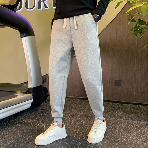 SHANNU pants men's autumn and winter velvet thickening loose sports large size solid color cotton casual student leg drawstring trousers 7710 black (threaded mouth) L (recommended 115-130 Jin Jin equals 0.5 kg)